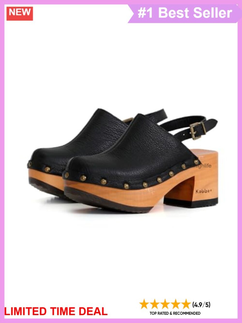 Handmade Wooden Clogs Genuine Leather Adjustable Buckle Platform Mules